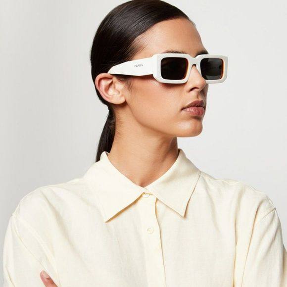 Prada PR06YS 17M5S0 Sunglasses Talc Orange Dark Grey Rectangle Unisex - Picture 1 of 13